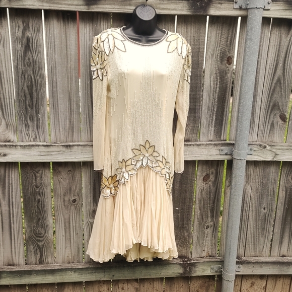 Vintage Dresses & Skirts - Gorgeous Vintage Beaded 1980's does 1920's Silk Flapper Wedding Dress